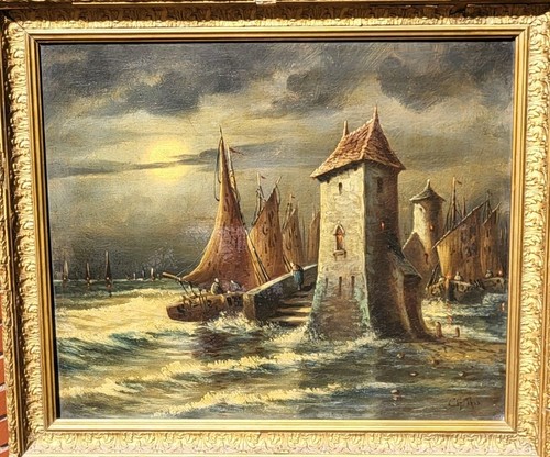 Tableau signé paysage marin - tableau,