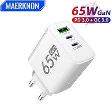 Chargeur Rapide GaN 65W 3 Ports USB-C EU iPhone 15 Samsung Xiaomi Adaptateur
