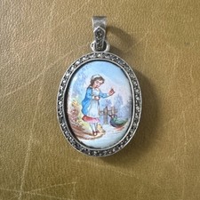 Pendentif Ancien En Porcelaine De Limoges Monture Argent 800 Ref I896