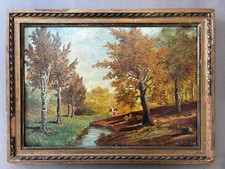 Tableau peinture ancienne paysage animé début XXe 