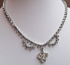 Ancien collier bijou vintage rivière cristaux diamant couleur argent  2156