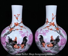13" Marked Old Chinese Famille Rose Porcelain Cock Flower Bottle Vase Pair