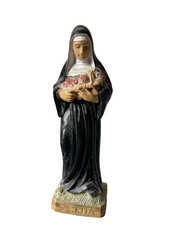 Statuette en Résine vintage Sainte Rita tenant croix &  bouquet de fleurs