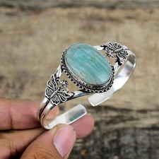 Aigue-Marine Bracelet 925 Argent Sterling Pierre Précieuse Main Naissance Rigide