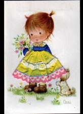 FILLETTE Dresseuse de CHIEN / Carte postale brodée Tissu Dentelle illustrée CONI