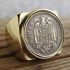 Bague Chevalière Carré Armoiries d'Espagne en Acier Inoxydable Doré Or fin