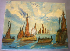 ANCIENNE BELLE PEINTURE HUILE NAIVE PAYSAGE MARINE avec BATEAUX signé ROUSSEL M