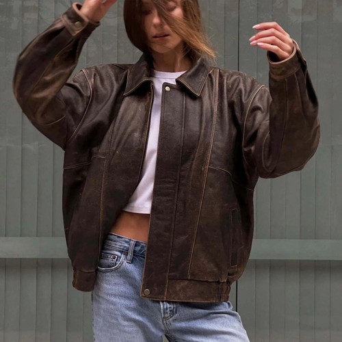 Oversized brown leather bomber - oversized,