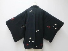 Veste kimono japonais noir Haori Shibori fleur sangle longueur environ