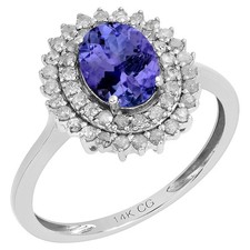 14k Blanc Solide Or Ovale Tanzanite Naturelle & Double Halo Bague Diamant