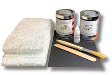 Kit de réparation polyester comprenant résine, gel-coat, mat de verre, pinceau.