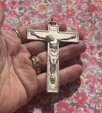 French Crucifix Silver Solid Bronze Jesus Pectoral Cross Art Deco 3½” Religious