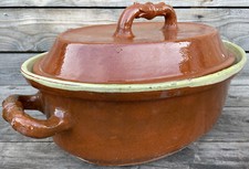 Grand Plat Couvert XVIIIeme Terre Cuite Vernissée Art Populaire Ancien Agrafes