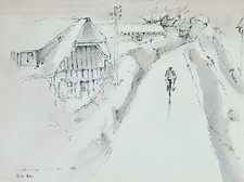 Claude VIETHO - Dessin original - Encre - Promenade à vélo