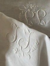 Antique French Linen Tablecloth - "JJ" White Monograms - ThreadWork - Handmade