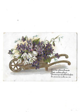 Belle CPA carte postale ancienne  violettes en brouette de fleurs or poème