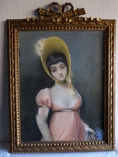Tableau dessin pastel portrait jeune femme chapeau régency cadre style Louis XVI