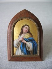 Ancien cadre chevalet reliquaire catholique Vierge Marie porcelaine bois 11 cm