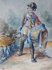 Tambour Soldat Militaire Uniforme 18e siècle Encre et Aquarelle sur Papier XXe