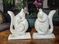 2 Écureuils Pomme De Pain  Art Déco en faïence craquelée 