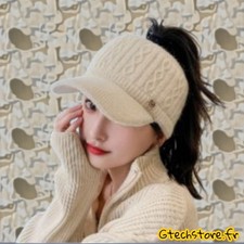 Chapeau Visière Hiver Femme Tricoté Fourrure Lapin Peluche Froid Chaud Neige