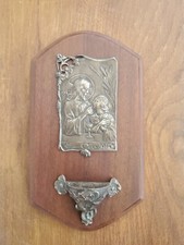 BENITIER métal argenté "Sainte Communion" sur support Bois 