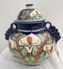 Mexicain Pottery Pot Cala lille Ginger Jar Hand Painted Blue 10” Vintage Lidded