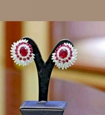 3.50 CT Simulé Ovale Rouge Rubis & Diamant Halo Boucles 14K or Jaune Plaqué