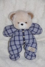 DOUDOU PELUCHE  TARTINE ET CHOCOLAT OURS BEIGE CARREAUX BLEU BLANC 25 cm TTBE