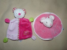 Lot de 2 doudous plats roses 20 cm bébé fille souris chat Sucre d'Orge C&A - TBE
