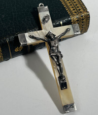 Croix Ancienne Nacre Argent 10,5 cm Mother of Pearl Victorian XIXe Cross n°8