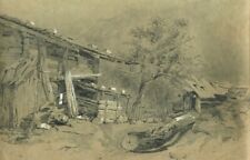 Paysage -  Dessin original ancien à la mine de plomb et gouache blanche