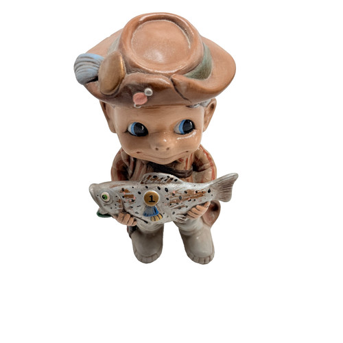 Ceramic fishing boy statue - 10",