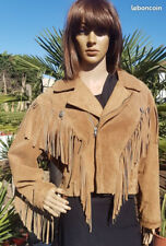 Blouson western à franges en cuir, couleur camel, neuf