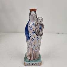 Statuette,Vierge À L'enfant, Accouché, Faïence, Bleu, Rennes, Bretagne, 19ÈME. 