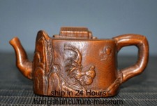 3.2" Old Chinese Boxwood Wood Carving Mountain Water Wine Tea Pot Flagon