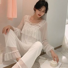 Femme Manches Longues Vêtement de Loisirs Dentelle Modal Pyjama Ensemble Blanc