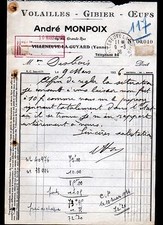 VILLENEUVE-la-GUYARD (89) VOLAILLES GIBIER OEUFS "André MONPOIX" Voyagée en 1936