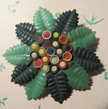 BROCHE ART DECO VINTAGE ROSACE de FEUILLAGE à PASTILLES MULTICOLORES