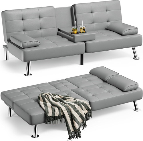 Gray leather futon sofa bed - futon,