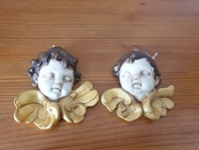 Deux têtes d'angelots ailées en majolique italienne ancienne peint main 9x9 cm