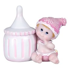 Figurine sujet baptême baby shower- Bébé fille biberon - Résine rose H 7,5 cm