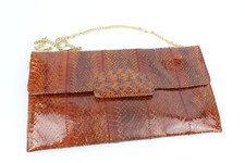 Vintage sac pochette cuir et python marron chaine dorée Esteve