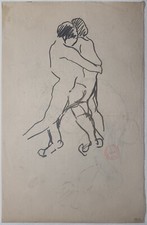 Maurice LE SCOUËZEC, Gouren, scène de lutte bretonne, dessin original, vers 1928
