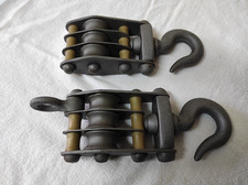 Ancienne Paire de Moufles de Palan sans corde 3 gorges, Crochets 15cm