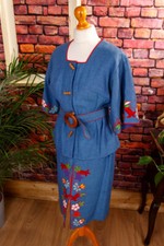Vintage Original 60er Costume Jupe Top Bleu Coloré Brodé Folklore Boho Hippie S