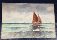 BATEAU VOILIER SUR MER peinture ancienne sur papier signé