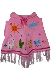 Poncho péruvien enfant laine (franges, motifs feutre, capuche) ORIGINE PEROU
