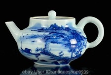 4.6" Pot à thé en porcelaine bleue et blanche avec paysage montagneux et eau