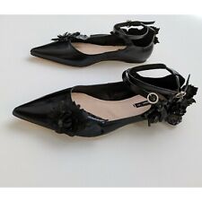 Zara Cuir Noir Ballerines Plates Bride Cheville UK4 EUR37 US6.5 Ref 6434 201